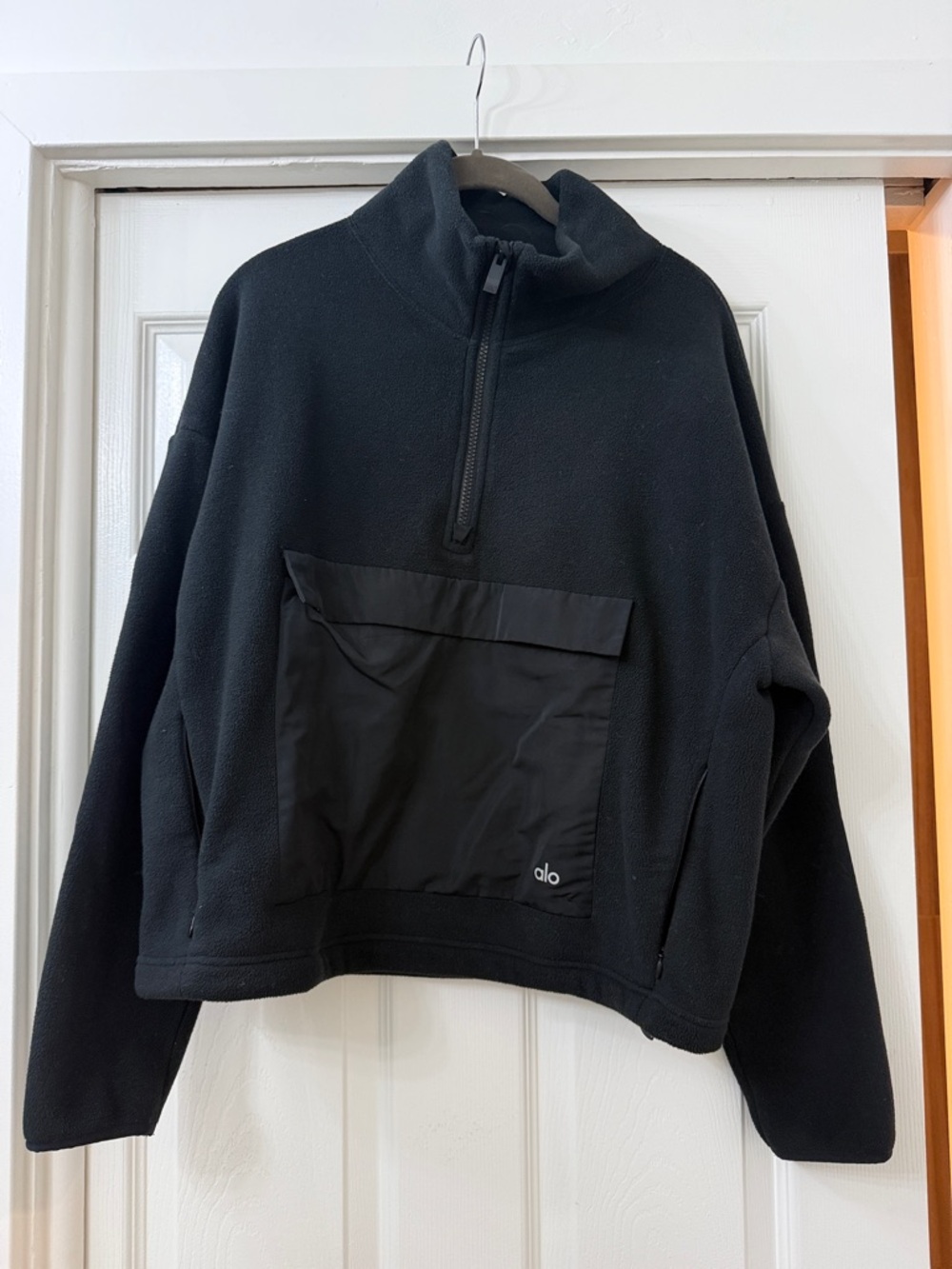 ALO Yoga Black Fleece Half-Zip Pullover with Front Snap Pocket